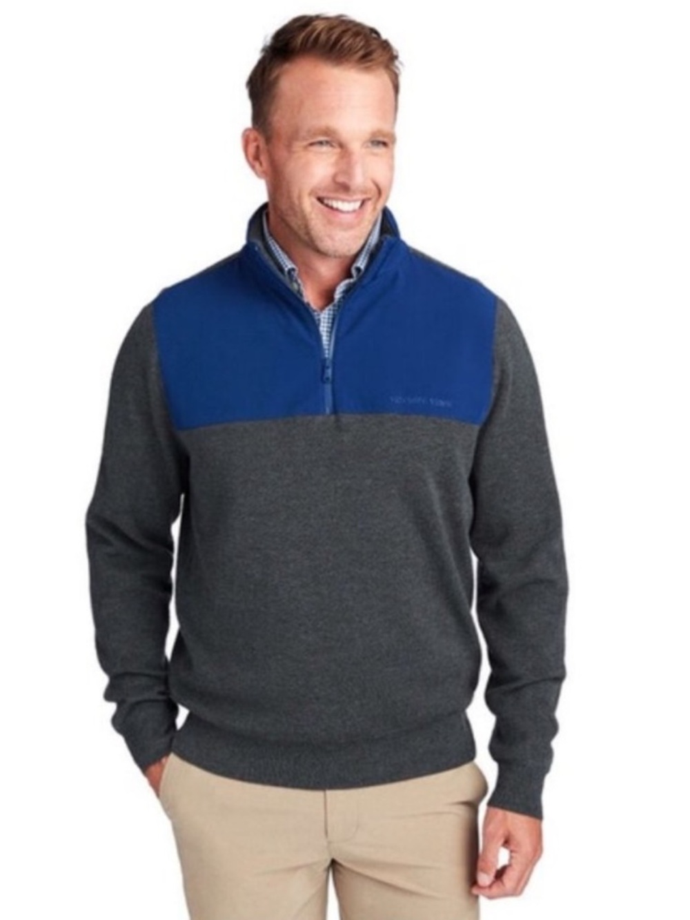 Vineyard Vines Merino Wool Quarter Zip Pullover Sweater in Gray/Blue Size Large